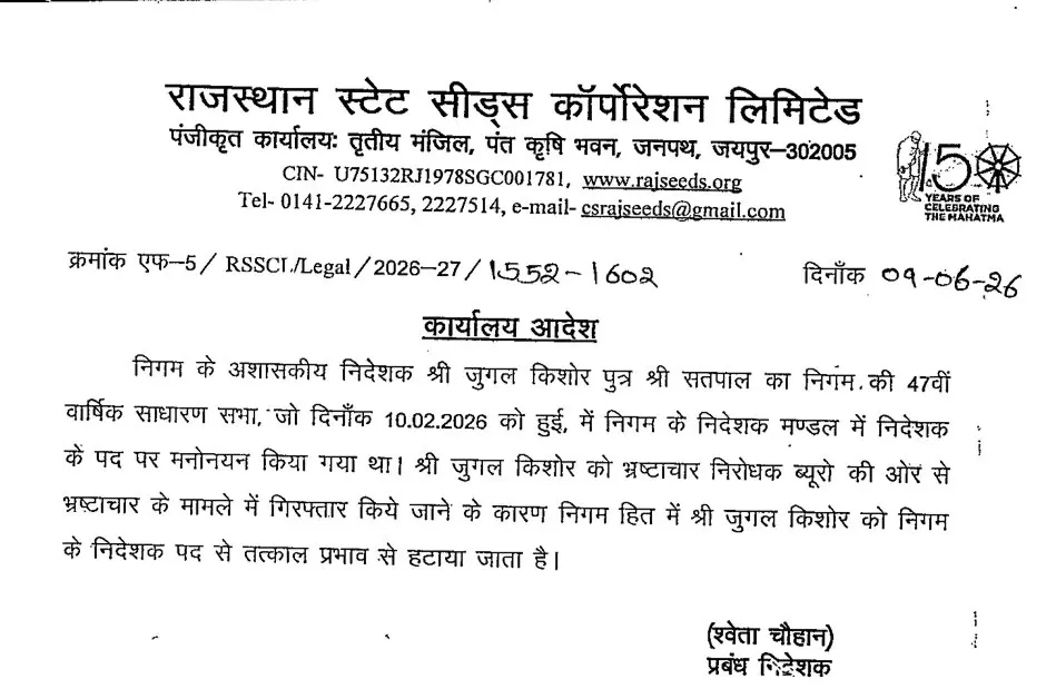 बीज निगम के निदेशक को पद से हटाया,जारी हुए आदेश